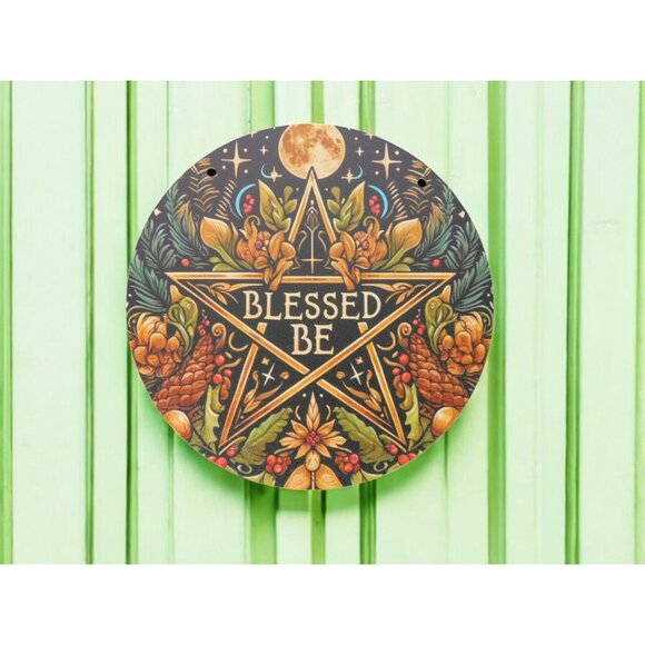 Blessed Be Pagan Wiccan Wooden Wall Sign 8x8 Pentagram - Picture 1 of 7